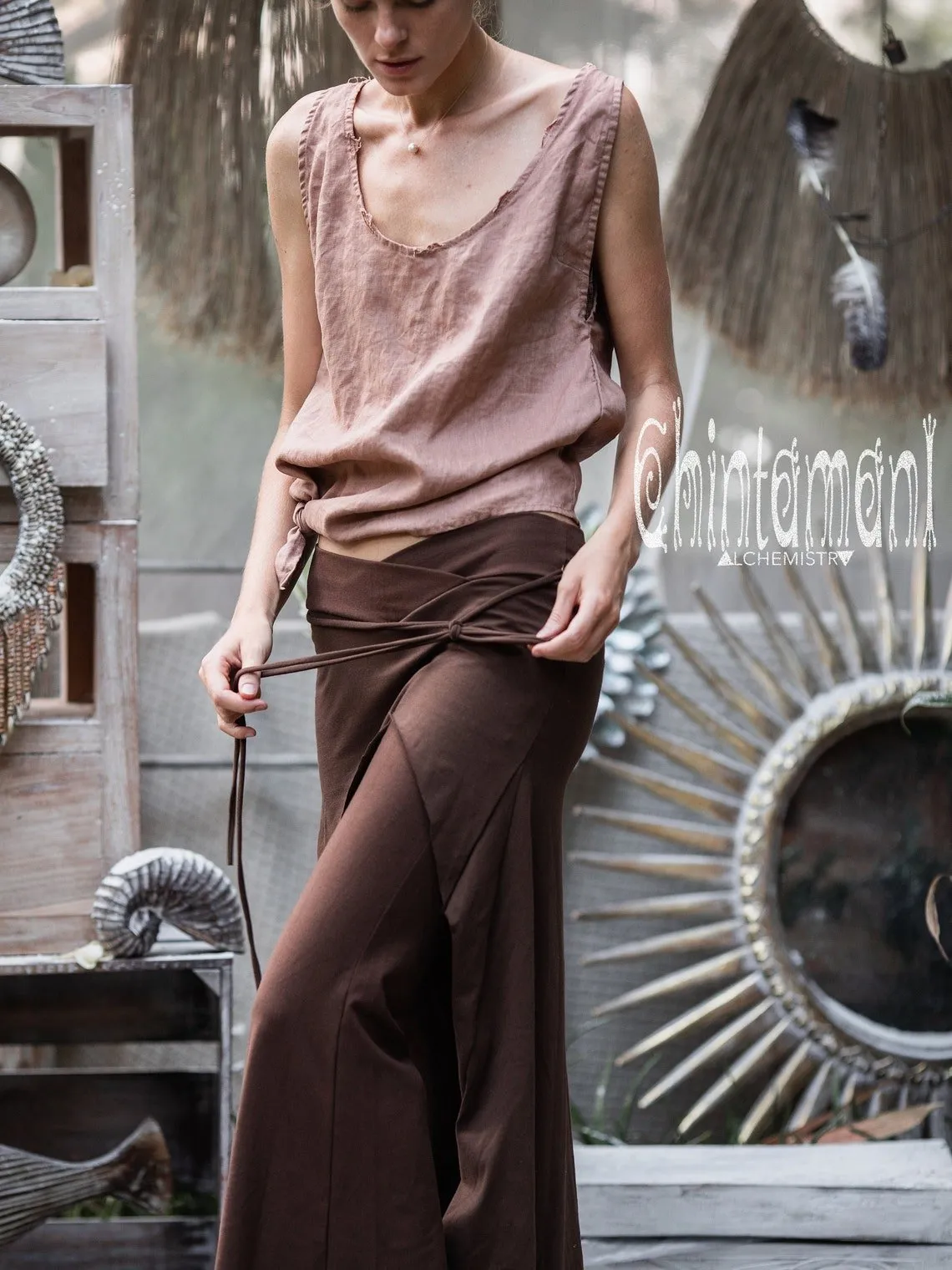 Cotton Flare Pants with Skirt for Women / Brown