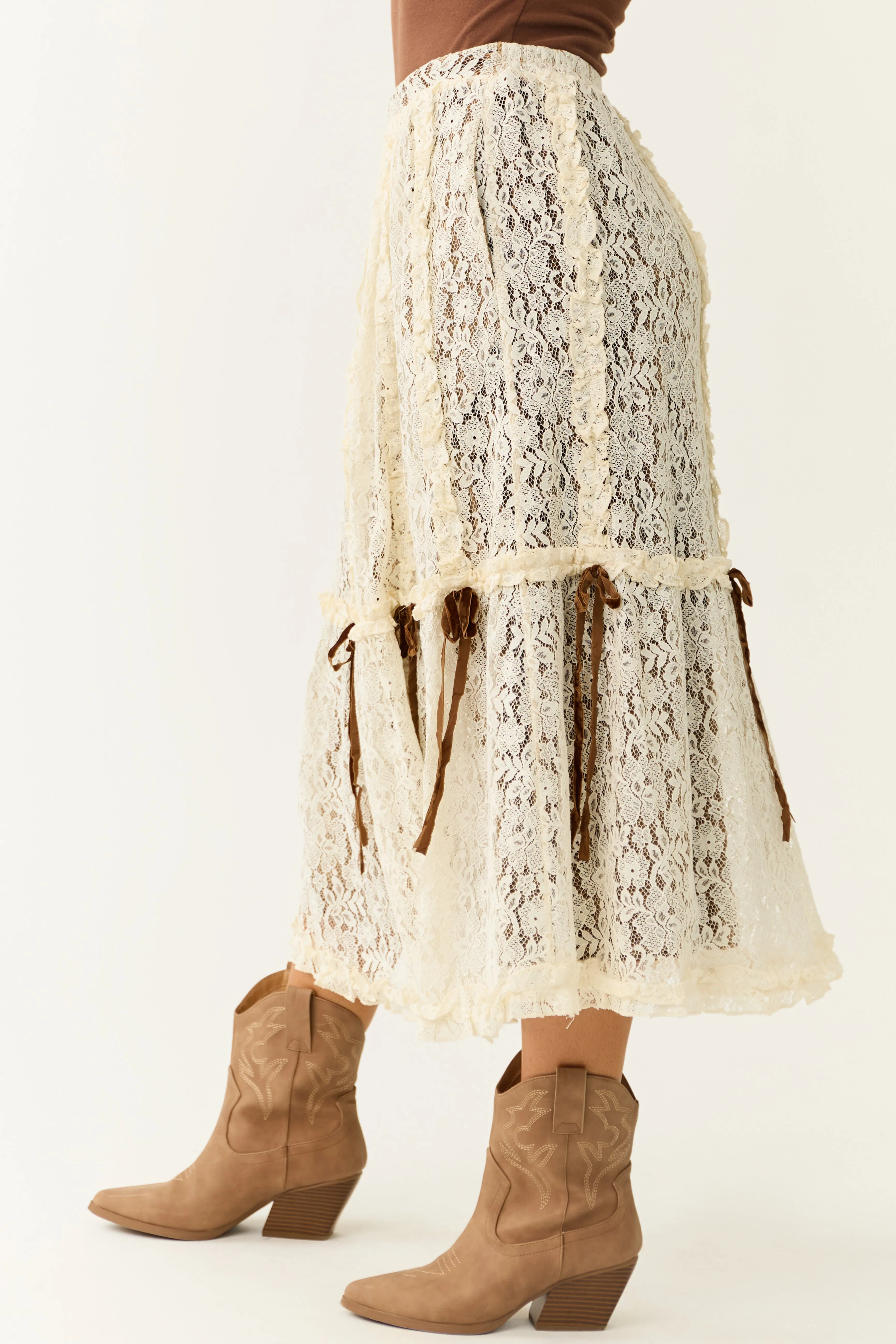 Cream Lace & Cocoa Velvet Tiered Midi Skirt with Bow Detail