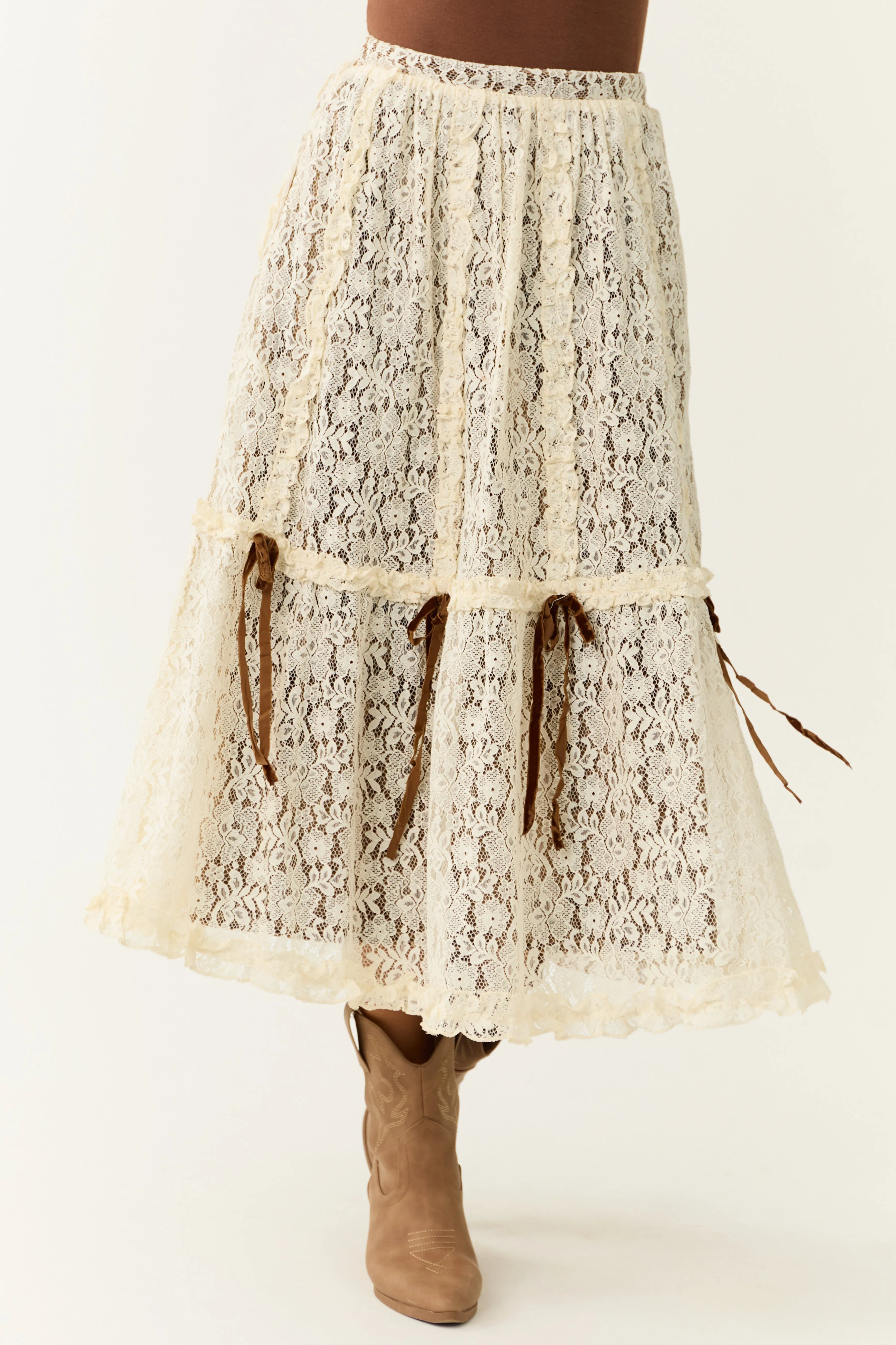 Cream Lace & Cocoa Velvet Tiered Midi Skirt with Bow Detail