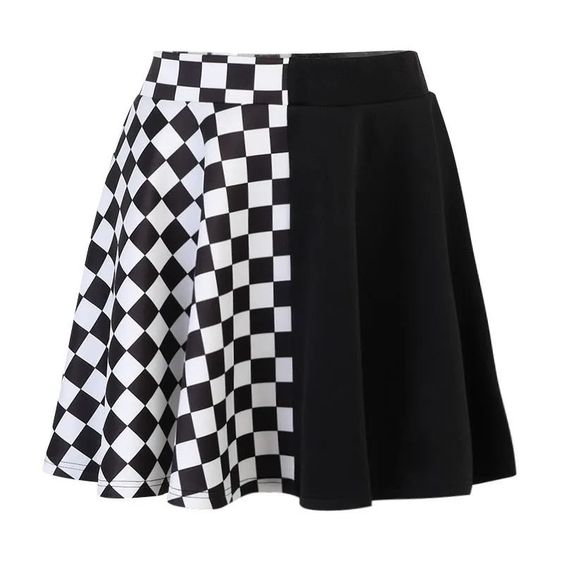 Dark Plaid Color Block High-Waisted A-line Skirt