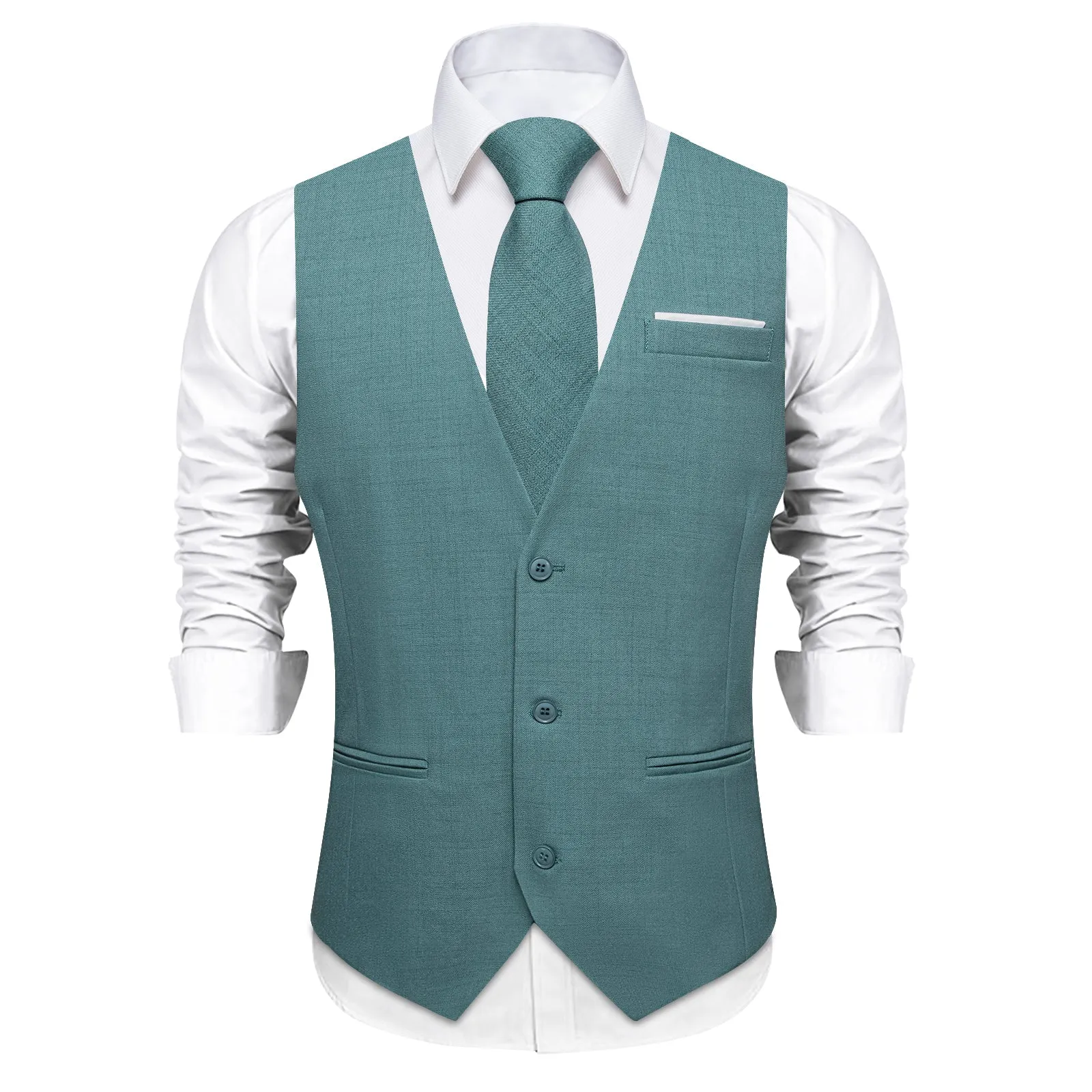 DarkCyan Solid Jacquard Men's Vest Hanky Cufflinks Tie Set