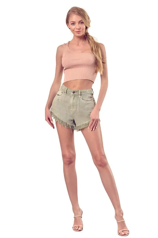 DISTRESSED FRAYED HEM DENIM SHORTS