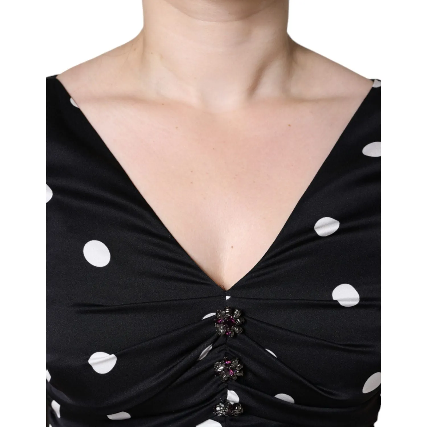 Dolce & Gabbana Black Silk Polka Dot V-neck Tassel Midi Dress