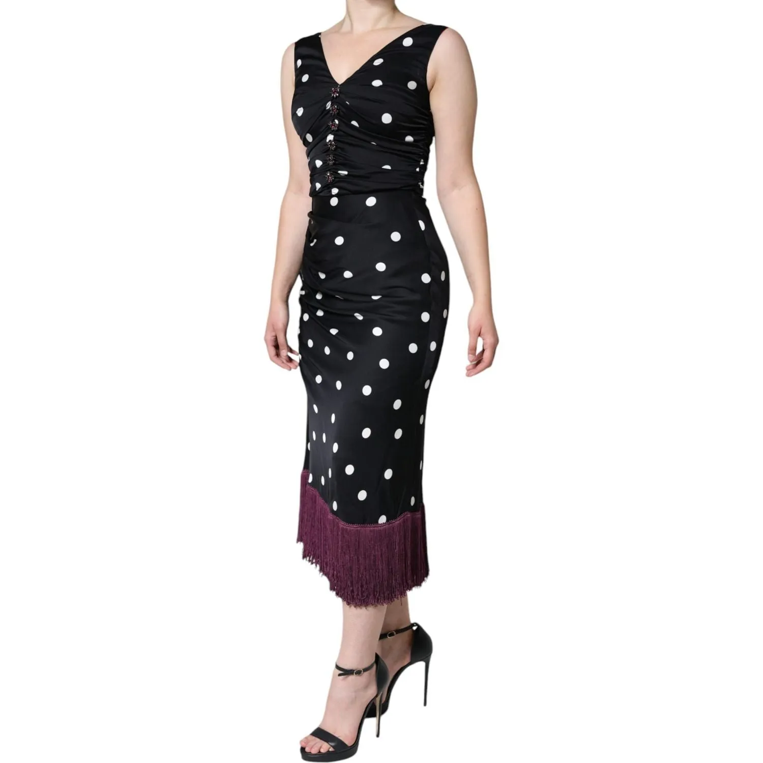 Dolce & Gabbana Black Silk Polka Dot V-neck Tassel Midi Dress