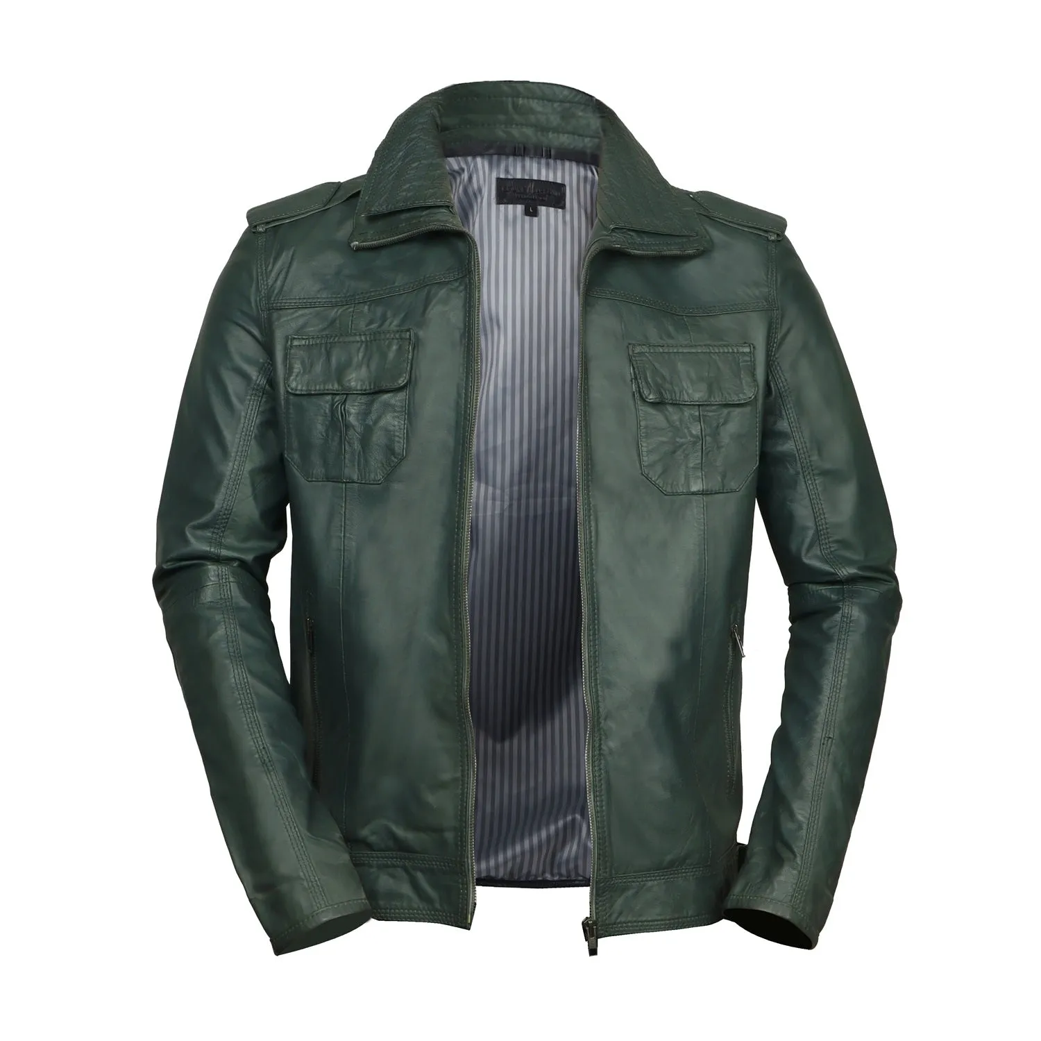 Double Collar Slim-Fit Multi Pockets Men's Green Leather Jacket By Brune & Bareskin