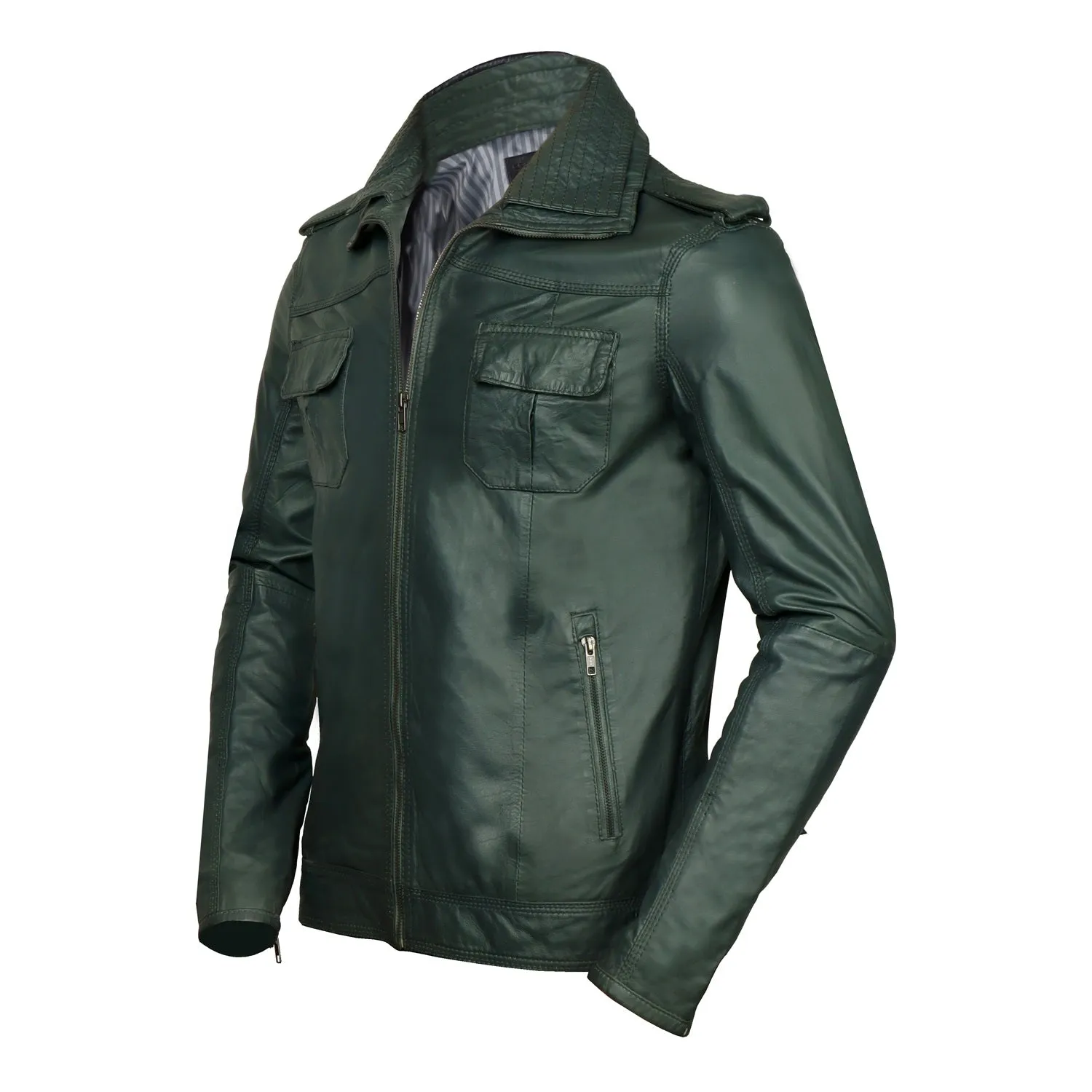 Double Collar Slim-Fit Multi Pockets Men's Green Leather Jacket By Brune & Bareskin