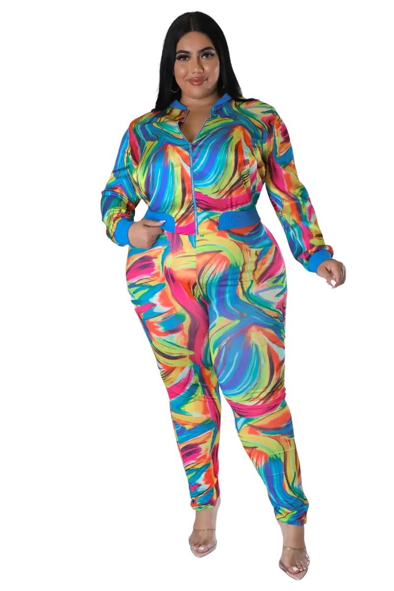 Final Sale Plus Size 2pc Cropped Satin Zip-Up Jacket and Pants Set in Multi Color Swirl Print