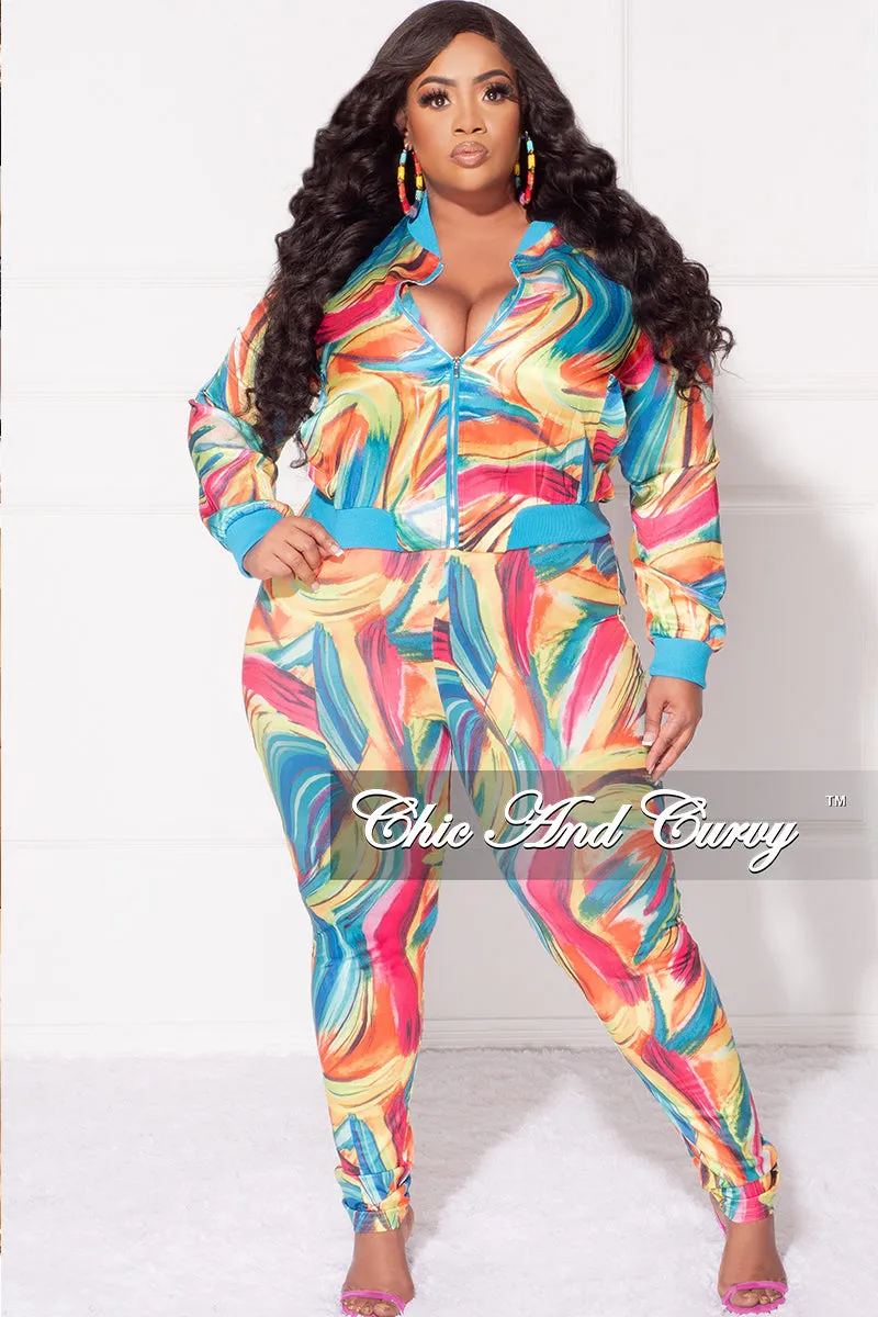 Final Sale Plus Size 2pc Cropped Satin Zip-Up Jacket and Pants Set in Multi Color Swirl Print