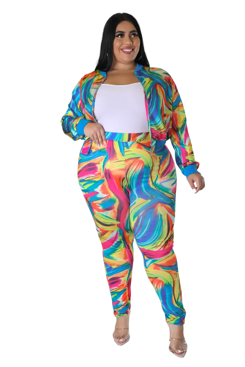 Final Sale Plus Size 2pc Cropped Satin Zip-Up Jacket and Pants Set in Multi Color Swirl Print