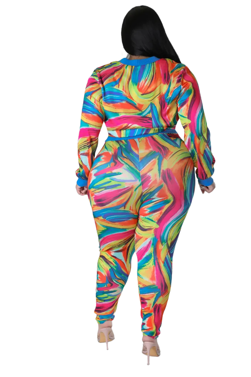 Final Sale Plus Size 2pc Cropped Satin Zip-Up Jacket and Pants Set in Multi Color Swirl Print