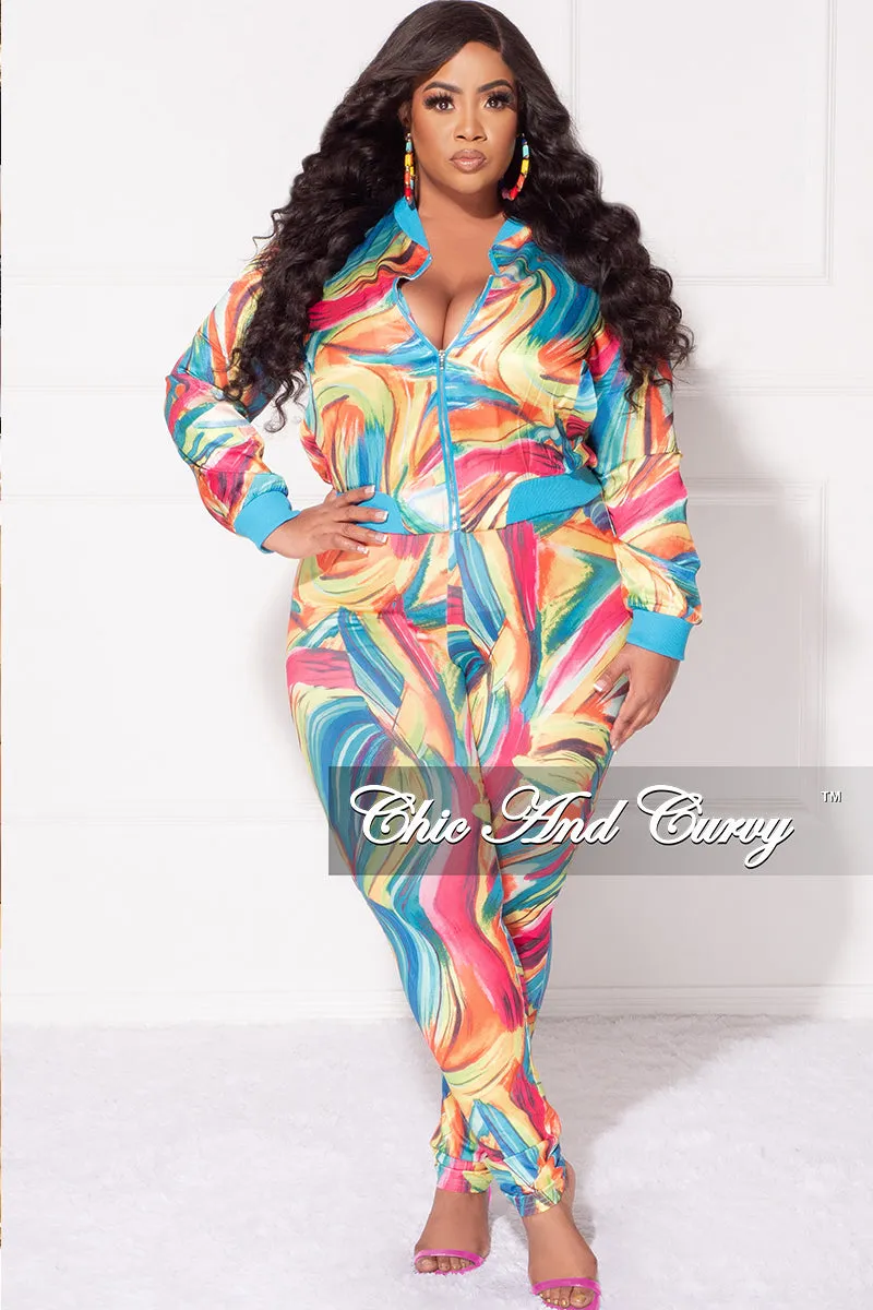 Final Sale Plus Size 2pc Cropped Satin Zip-Up Jacket and Pants Set in Multi Color Swirl Print