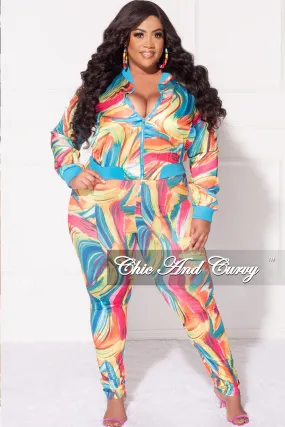 Final Sale Plus Size 2pc Cropped Satin Zip-Up Jacket and Pants Set in Multi Color Swirl Print