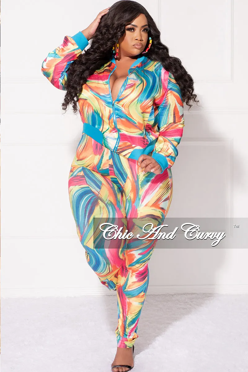 Final Sale Plus Size 2pc Cropped Satin Zip-Up Jacket and Pants Set in Multi Color Swirl Print