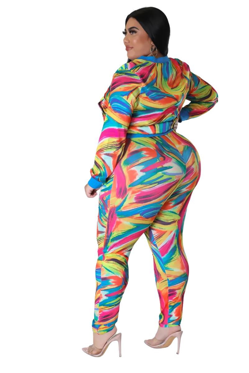 Final Sale Plus Size 2pc Cropped Satin Zip-Up Jacket and Pants Set in Multi Color Swirl Print