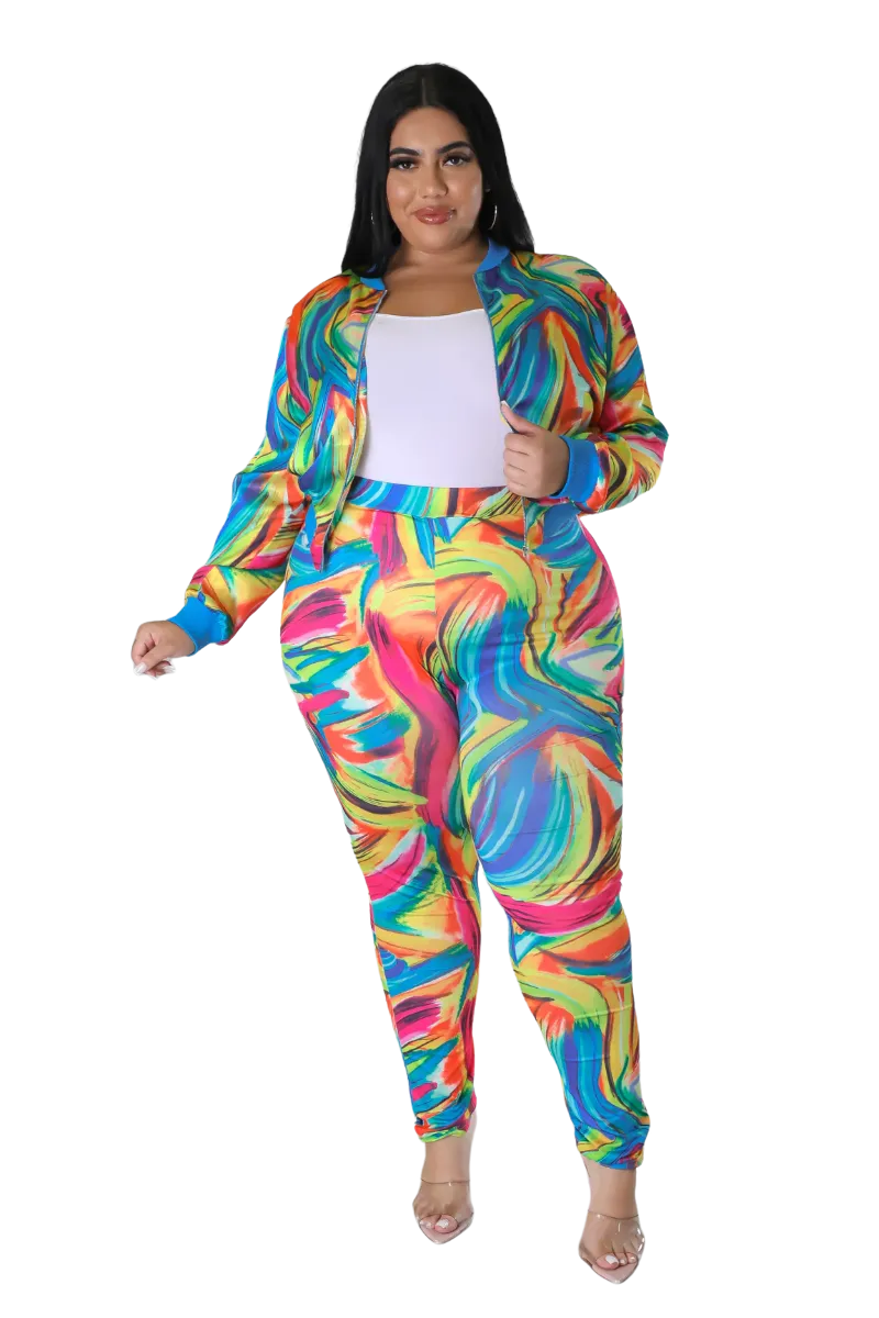 Final Sale Plus Size 2pc Cropped Satin Zip-Up Jacket and Pants Set in Multi Color Swirl Print