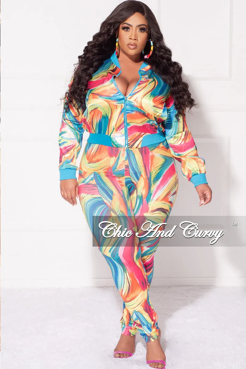 Final Sale Plus Size 2pc Cropped Satin Zip-Up Jacket and Pants Set in Multi Color Swirl Print