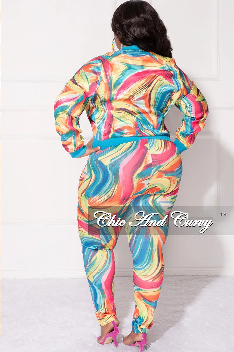 Final Sale Plus Size 2pc Cropped Satin Zip-Up Jacket and Pants Set in Multi Color Swirl Print