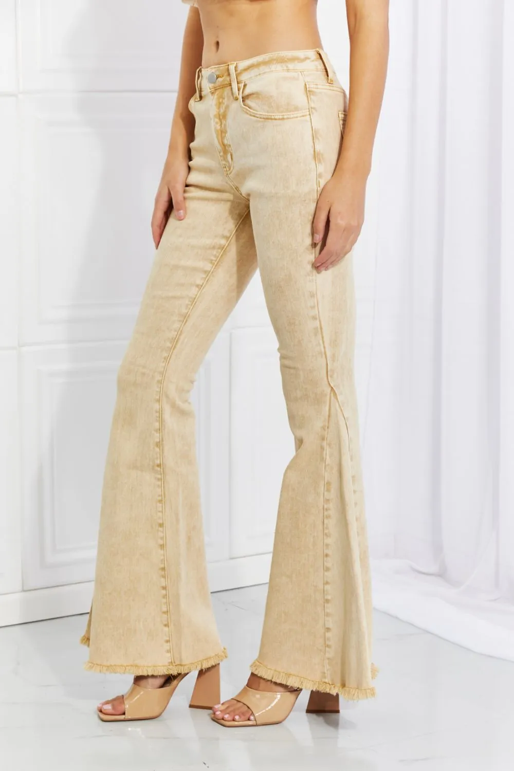 Flip Side Fray Hem Bell Bottom Jeans in Yellow