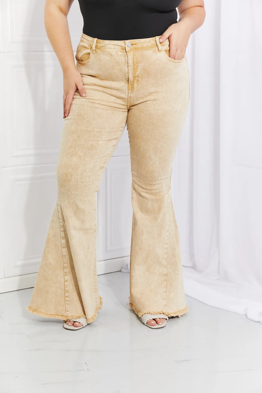 Flip Side Fray Hem Bell Bottom Jeans in Yellow