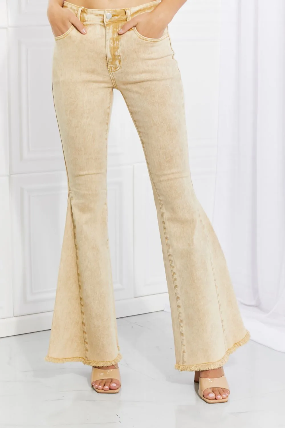 Flip Side Fray Hem Bell Bottom Jeans in Yellow