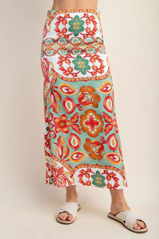 Green Colorful Printed Satin Midi Skirt