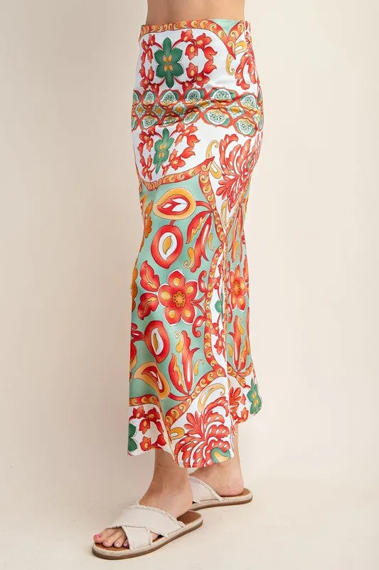 Green Colorful Printed Satin Midi Skirt