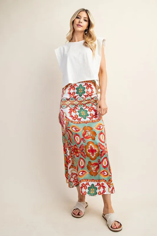 Green Colorful Printed Satin Midi Skirt