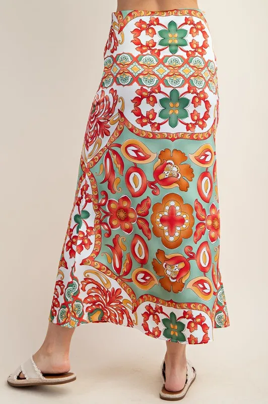 Green Colorful Printed Satin Midi Skirt