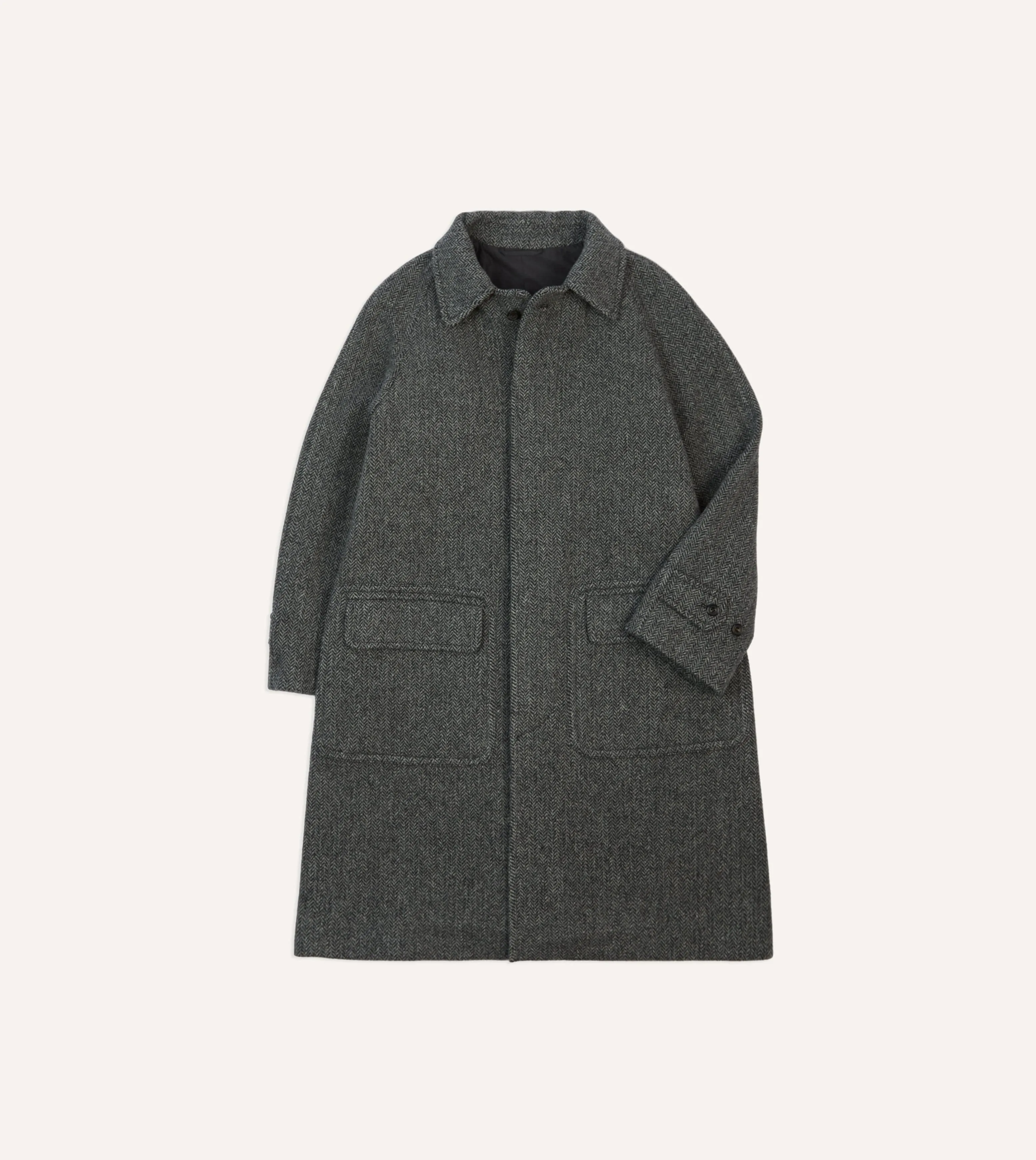 Grey Herringbone Wool Raglan Coat