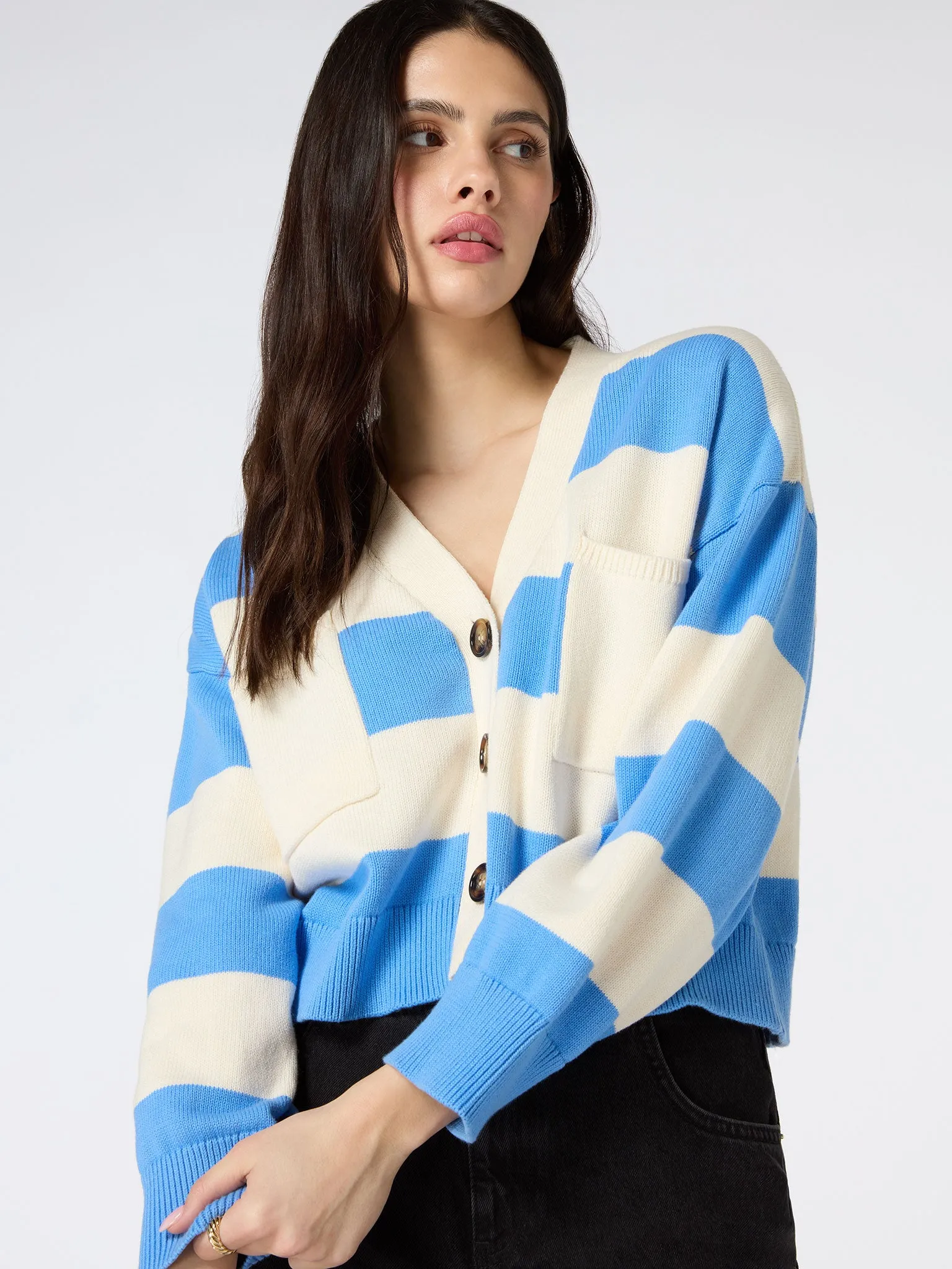 Heather Stripe Cardigan in Cream and Blue