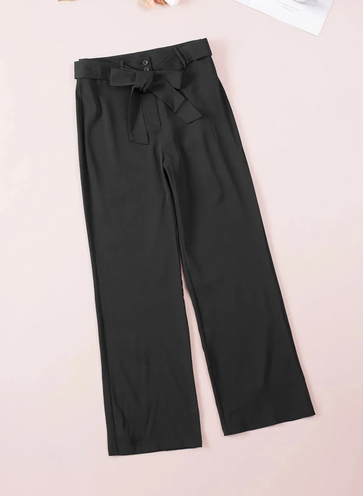 High Waist Front Tie Flared Pants Black