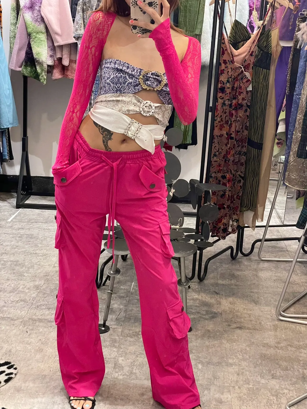 Hot-Pink Multi-pocket Straight flared Pants