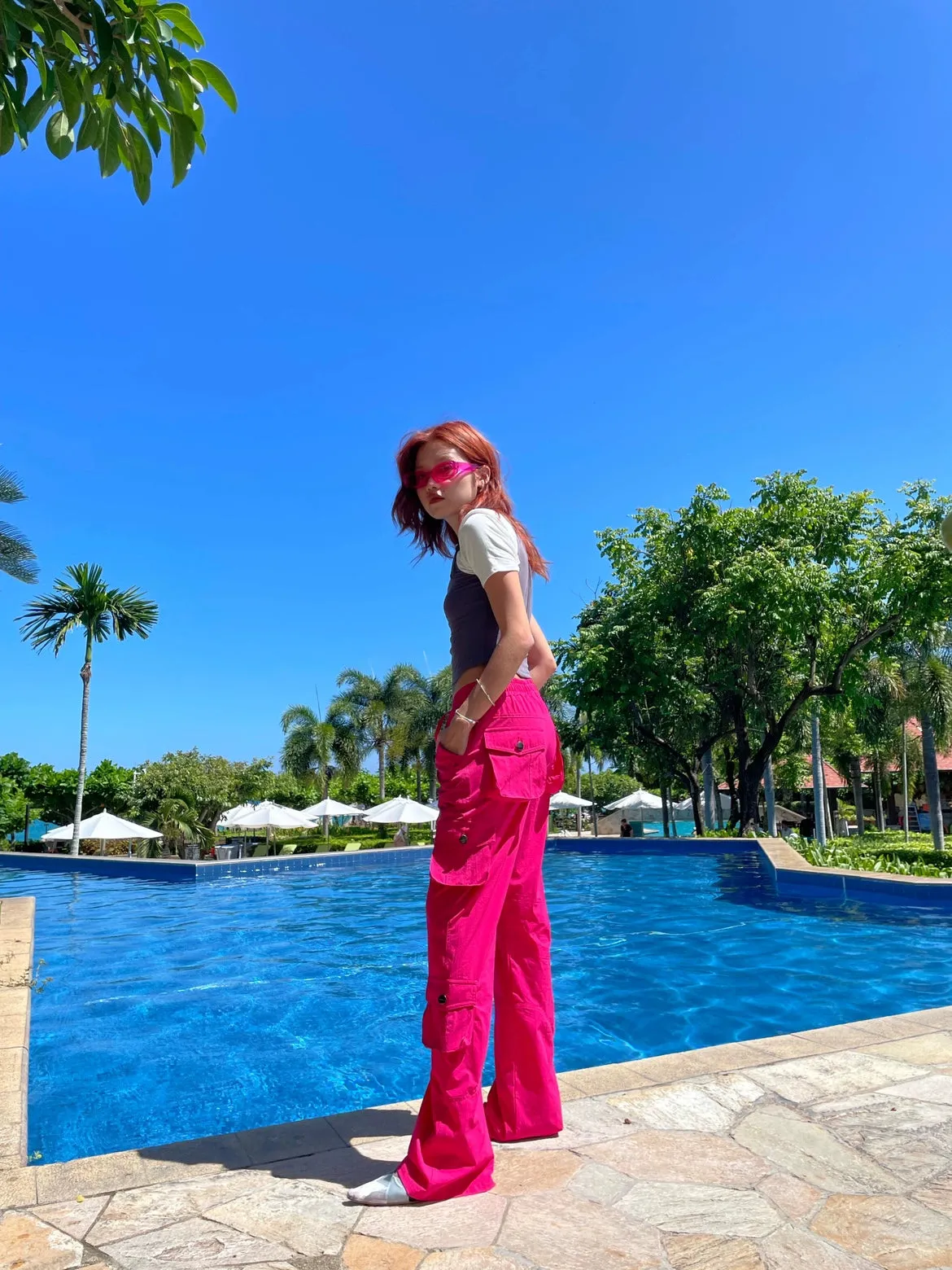 Hot-Pink Multi-pocket Straight flared Pants