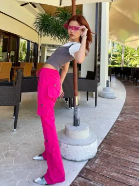 Hot-Pink Multi-pocket Straight flared Pants