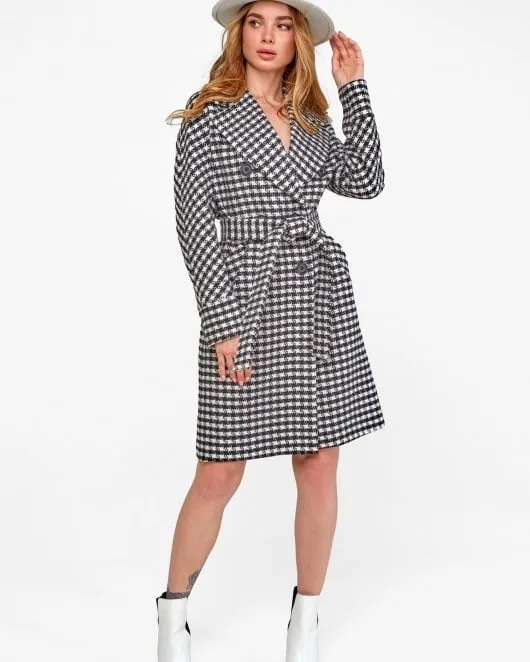 Houndstooth Wool Mix Coat in Black & White