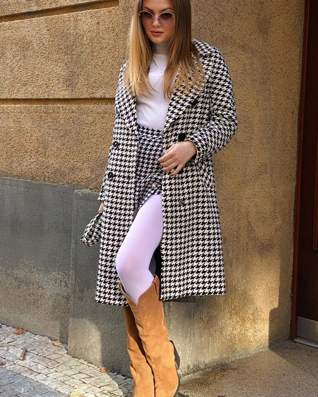 Houndstooth Wool Mix Coat in Black & White