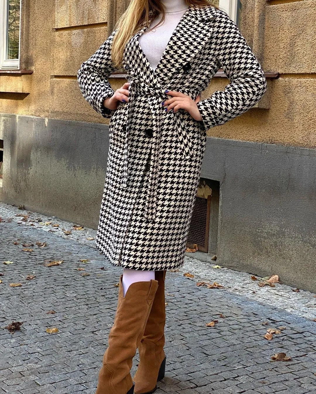 Houndstooth Wool Mix Coat in Black & White