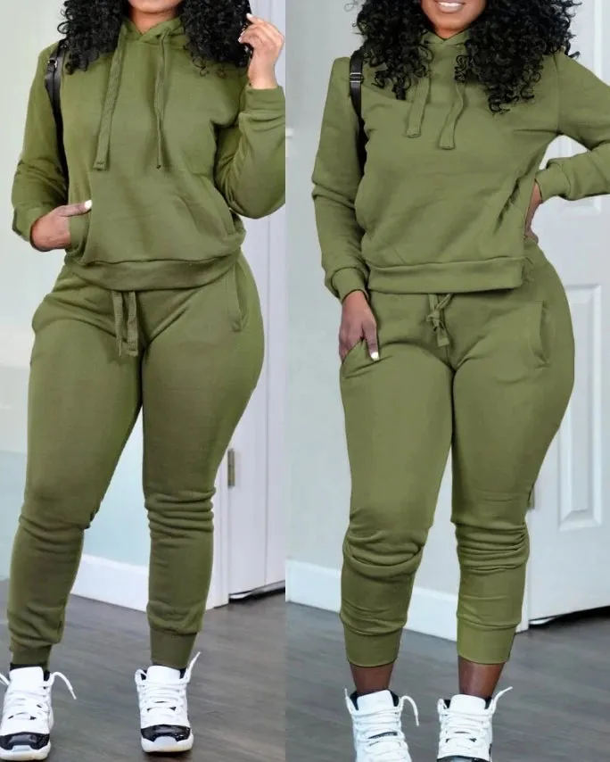 Joskaa Eelegant Two Piece Set for Woman Outfits Autumn Winter Casual Drawstring Hooded Sweatshirt Pocket Flared Sweatpants Pants Set