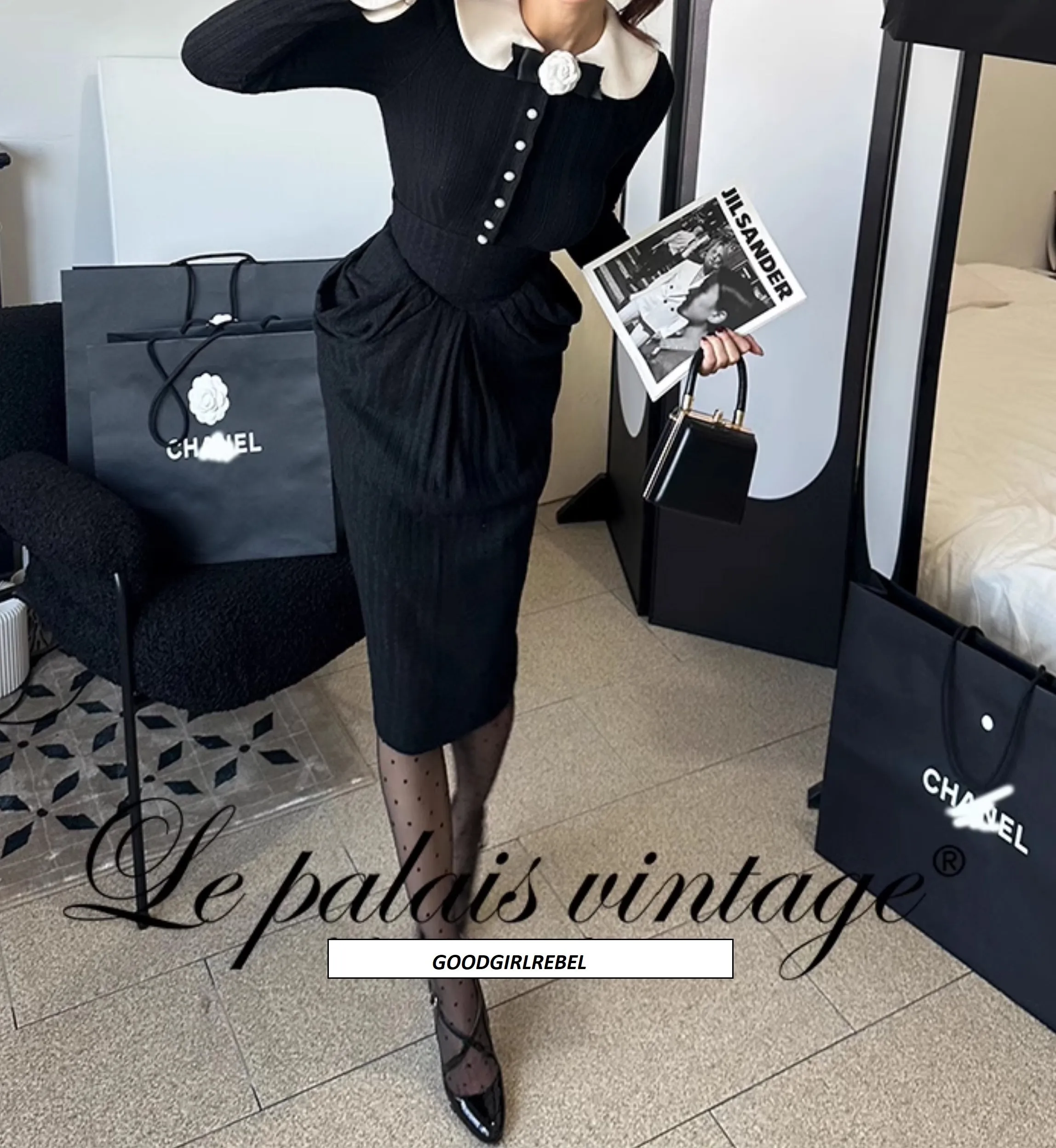 Le Palais Vintage Elegant Black and White Cardigan High Waist Pencil Office Skirt-Ivy