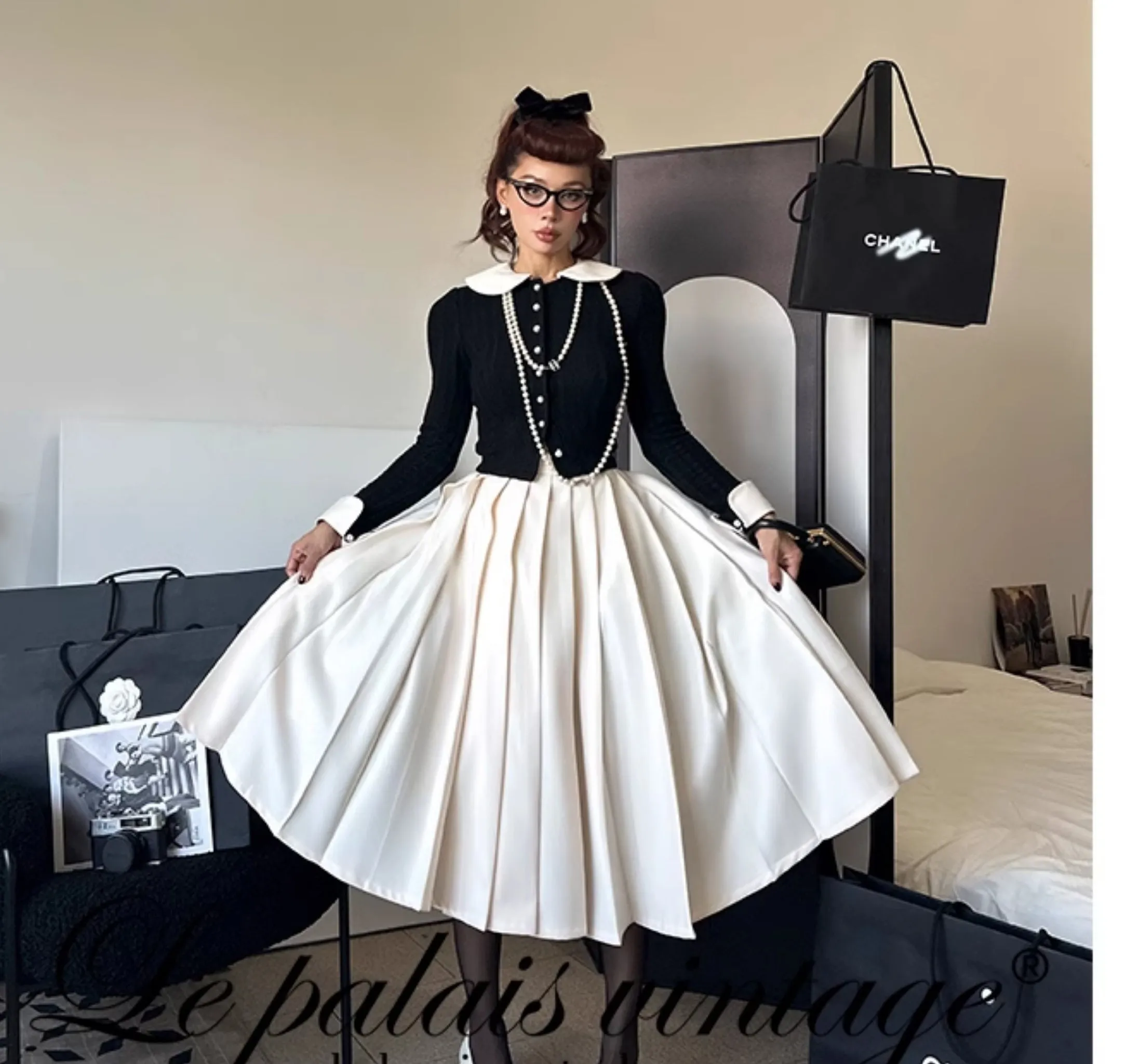 Le Palais Vintage Elegant Black and White Cardigan High Waist Pencil Office Skirt-Ivy