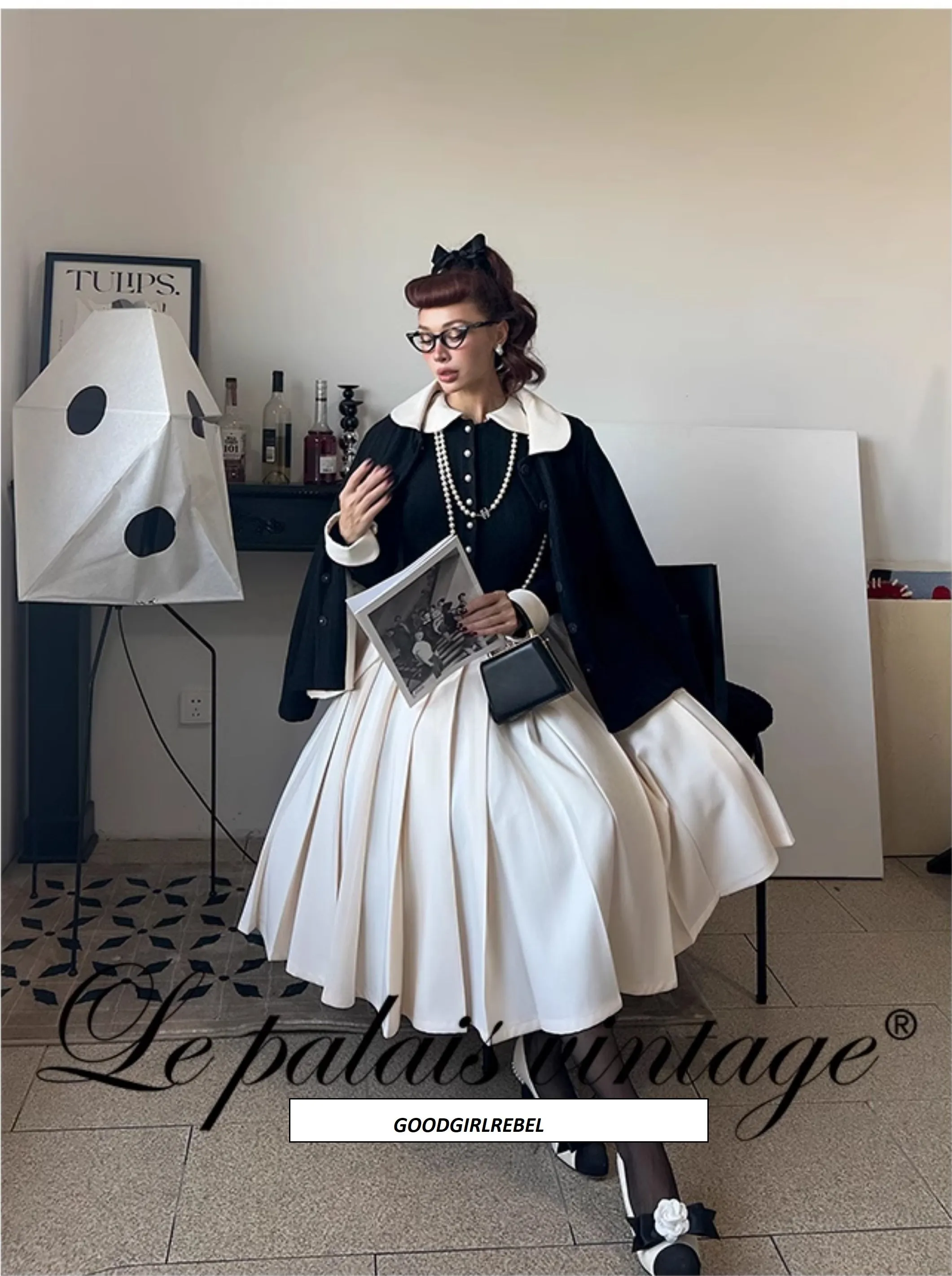 Le Palais Vintage Elegant Black and White Cardigan High Waist Pencil Office Skirt-Ivy