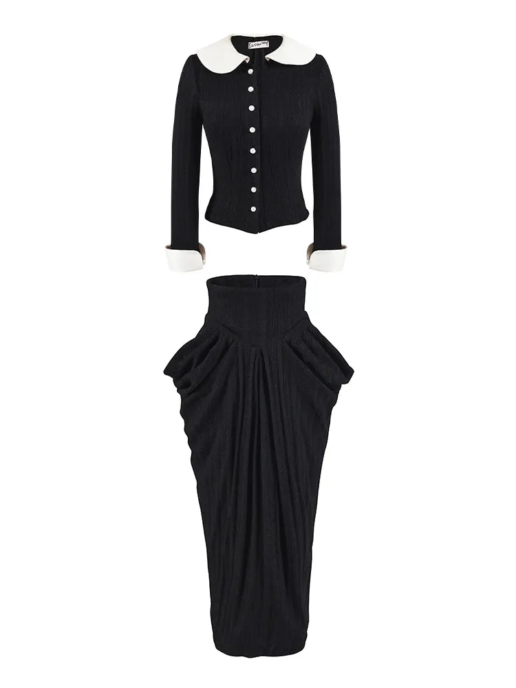 Le Palais Vintage Elegant Black and White Cardigan High Waist Pencil Office Skirt-Ivy