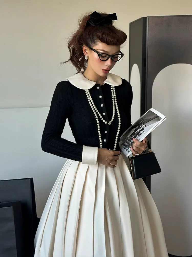 Le Palais Vintage Elegant Black and White Cardigan High Waist Pencil Office Skirt-Ivy