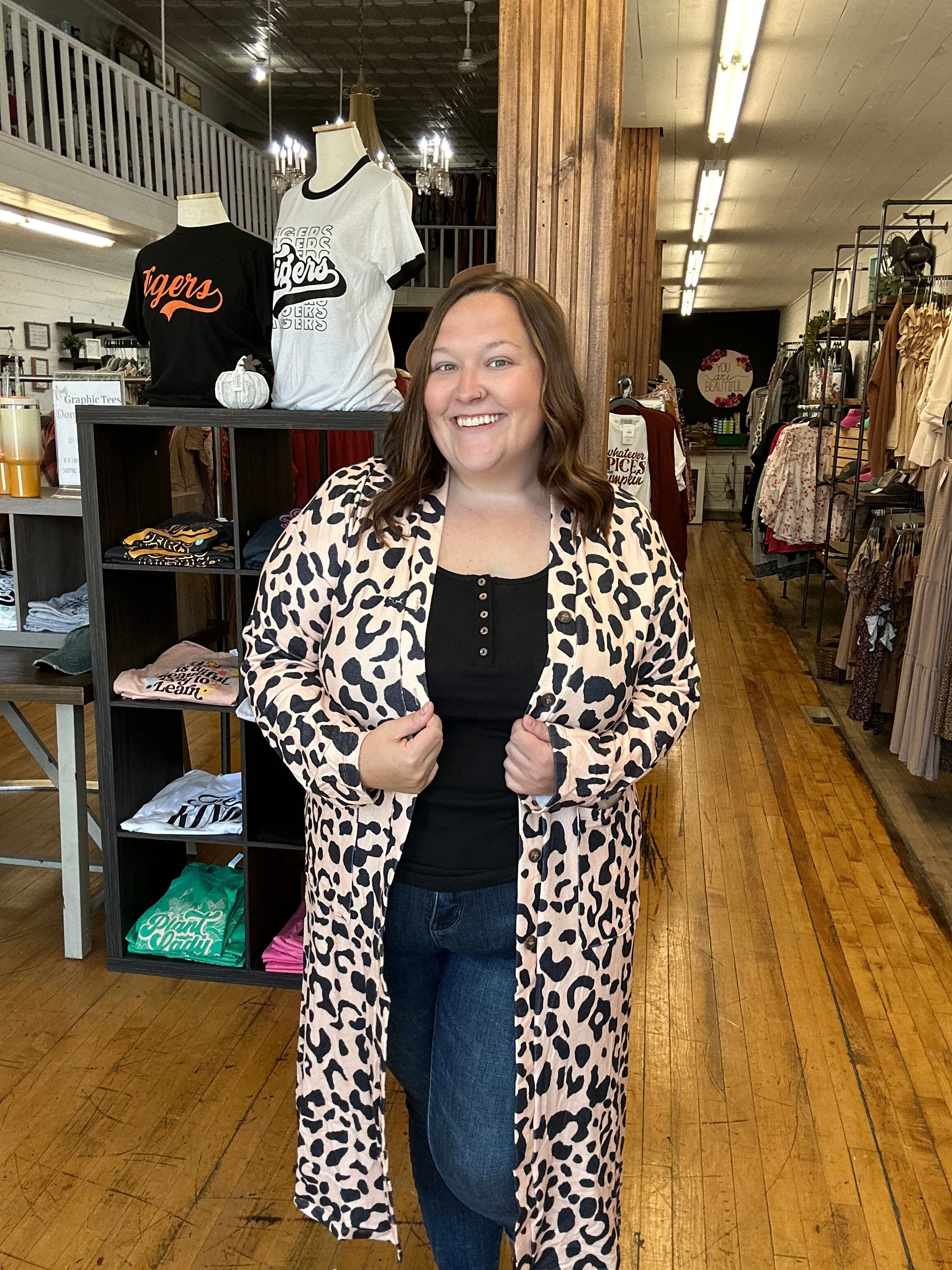 Leopard Open Front Pocketed Long Cardigan - Plus