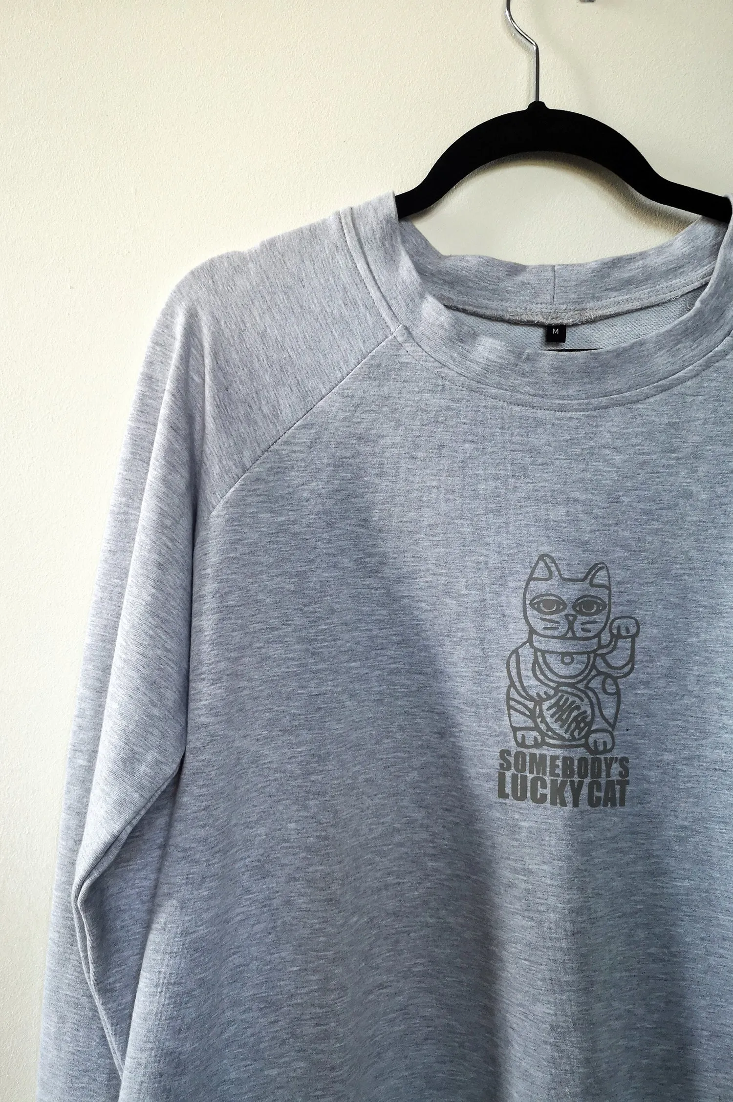 Light Grey Long and Warm Unisex Statement Sweater with Lucky Cat - Maneki-Neko Print "Somebody's Lucky Cat"