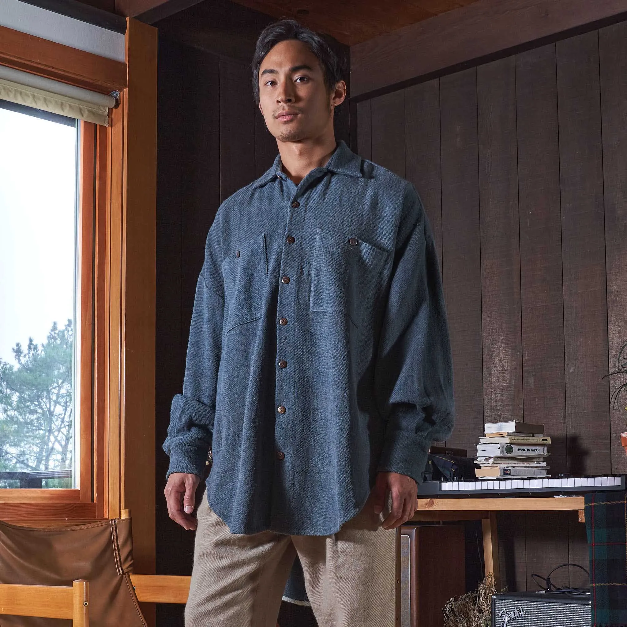 Lonnng Shirt, Indigo-Iron Gray Wool Twill