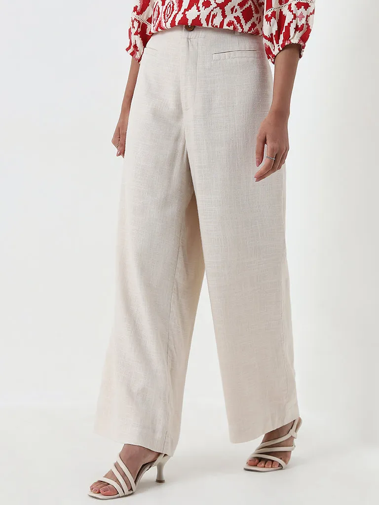 LOV Beige High-Rise Blended Linen Trousers