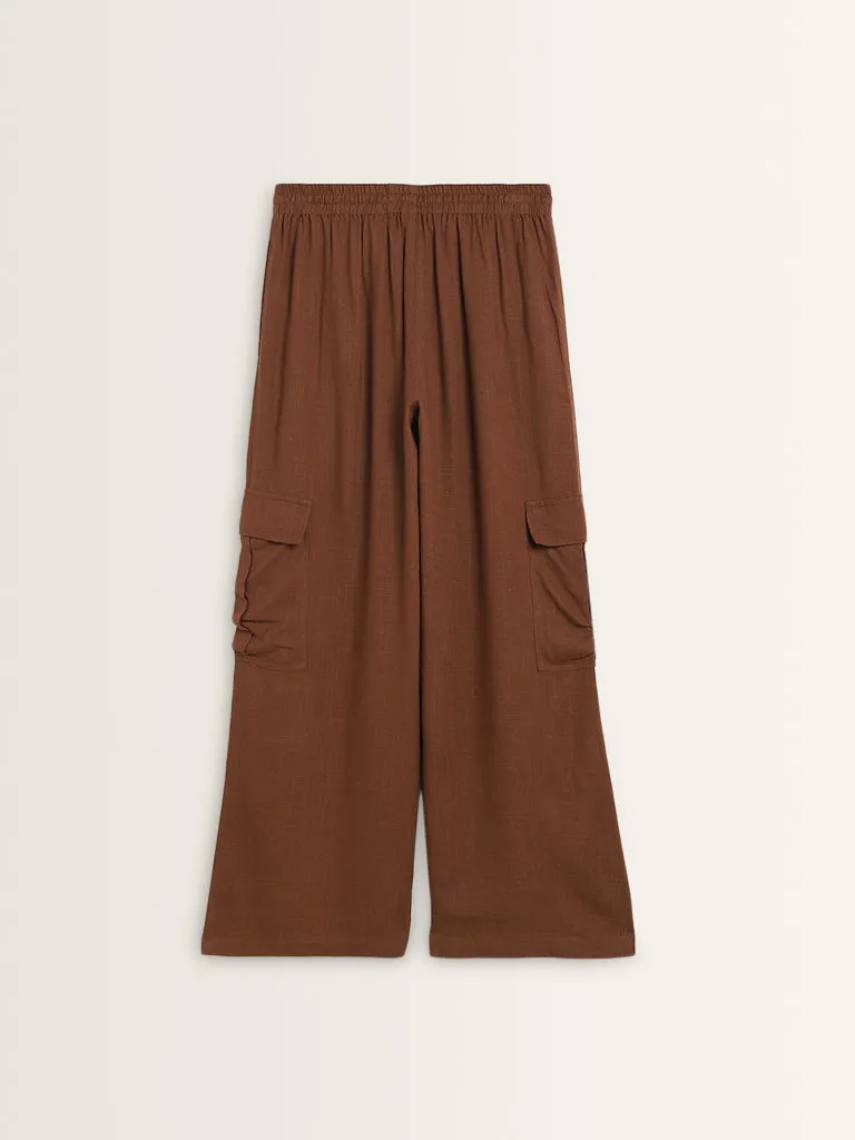 LOV Brown Cargo-Style High-Rise Flared Blended Linen Pants