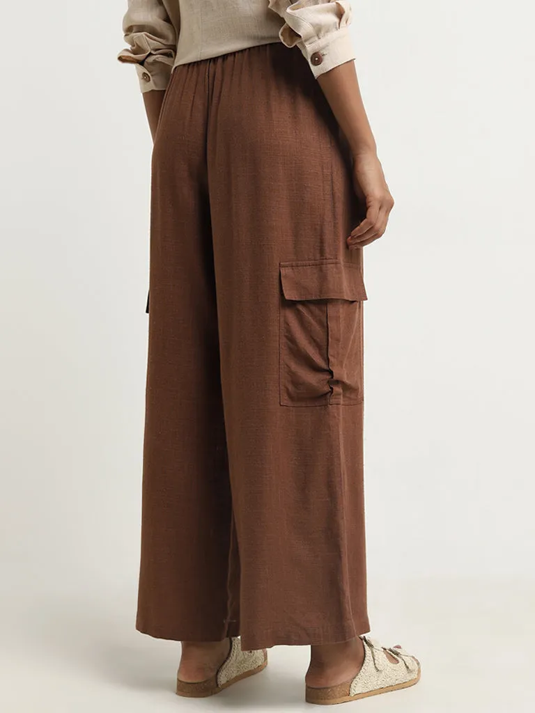 LOV Brown Cargo-Style High-Rise Flared Blended Linen Pants