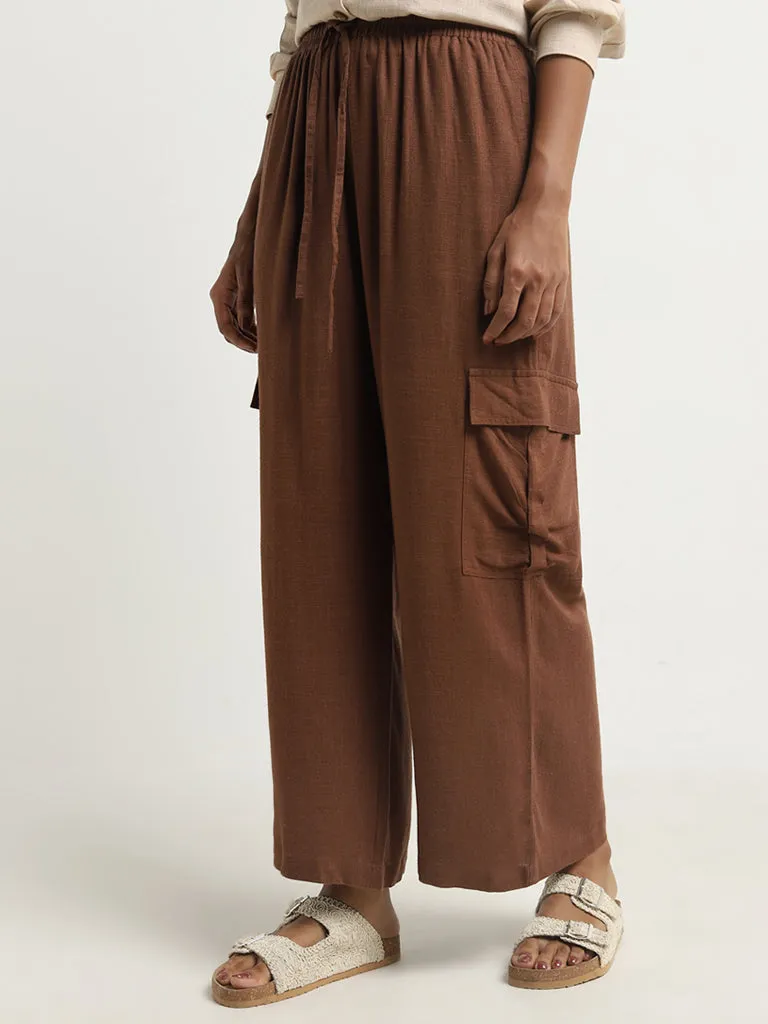 LOV Brown Cargo-Style High-Rise Flared Blended Linen Pants